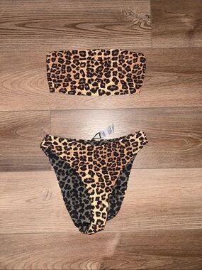 Reversable Good American Leopard Print Bandeau Bikini - Black and Tan